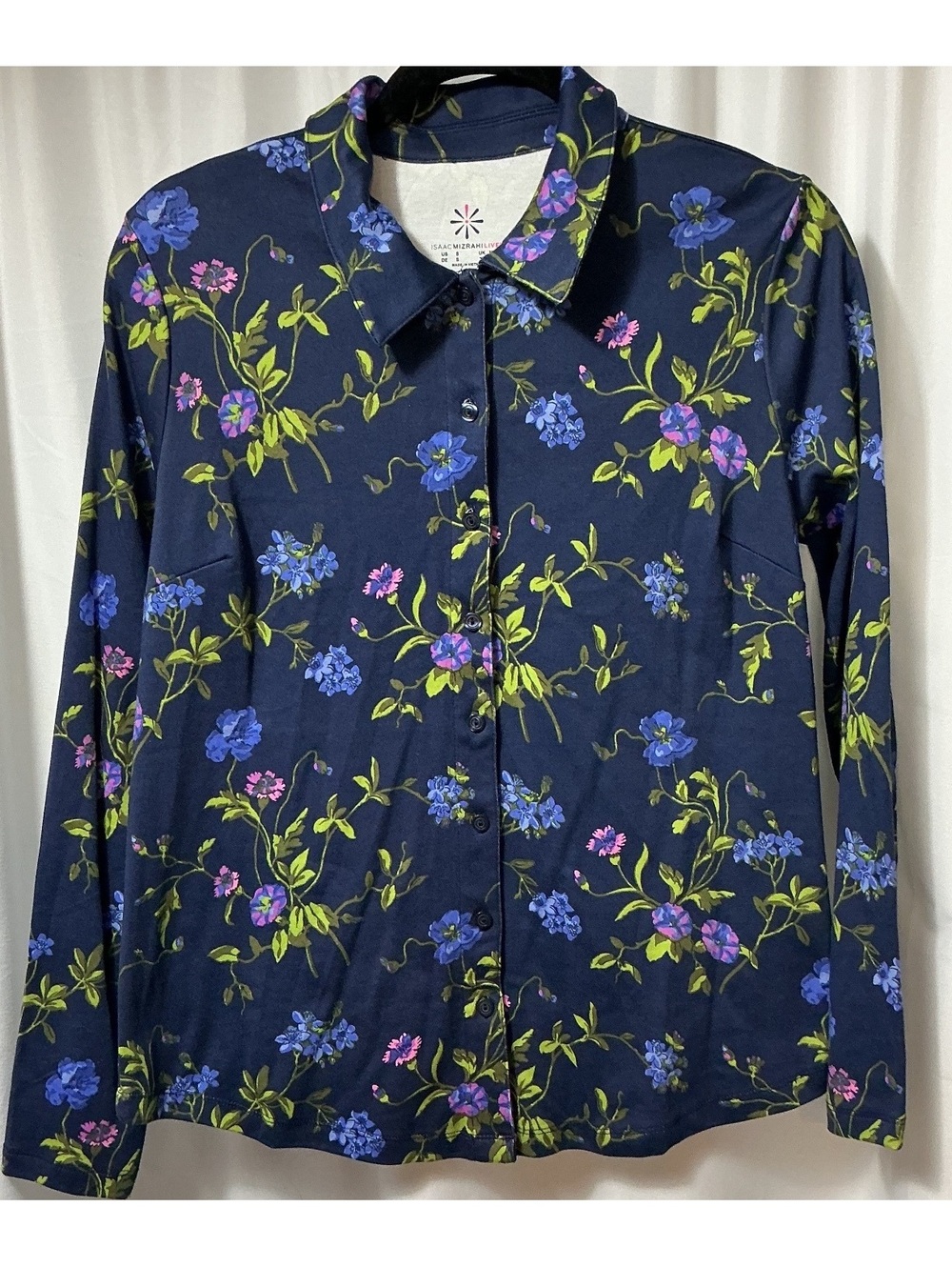 Isaac Mizrahi Live Floral Button Front Shirt Women’s S Navy Pima Cotton Office